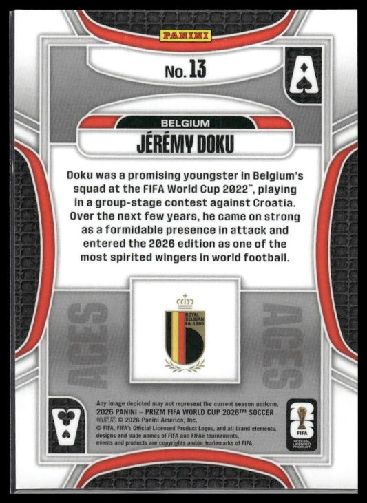 2026 Panini Prizm FIFA World Cup #13 Jeremy Doku Aces Silver Prizm