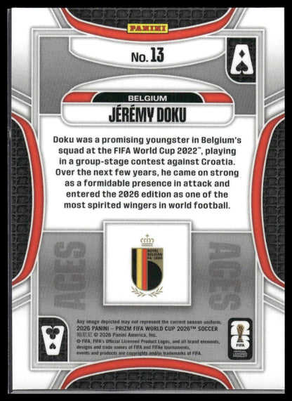 2026 Panini Prizm FIFA World Cup #13 Jeremy Doku Aces Silver Prizm