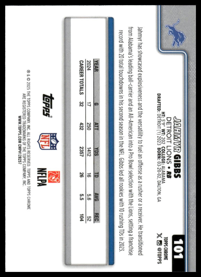 2025 Topps Chrome #101 Jahmyr Gibbs