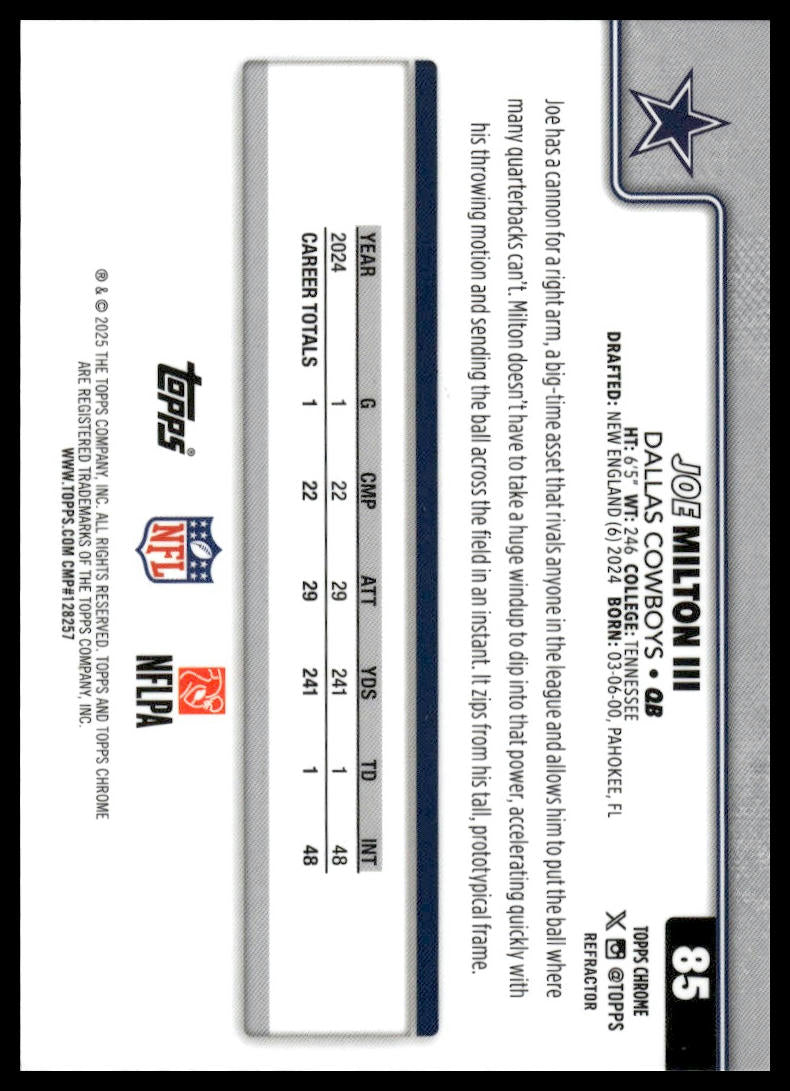 2025 Topps Chrome #85 Joe Milton III Pulsar Refractor