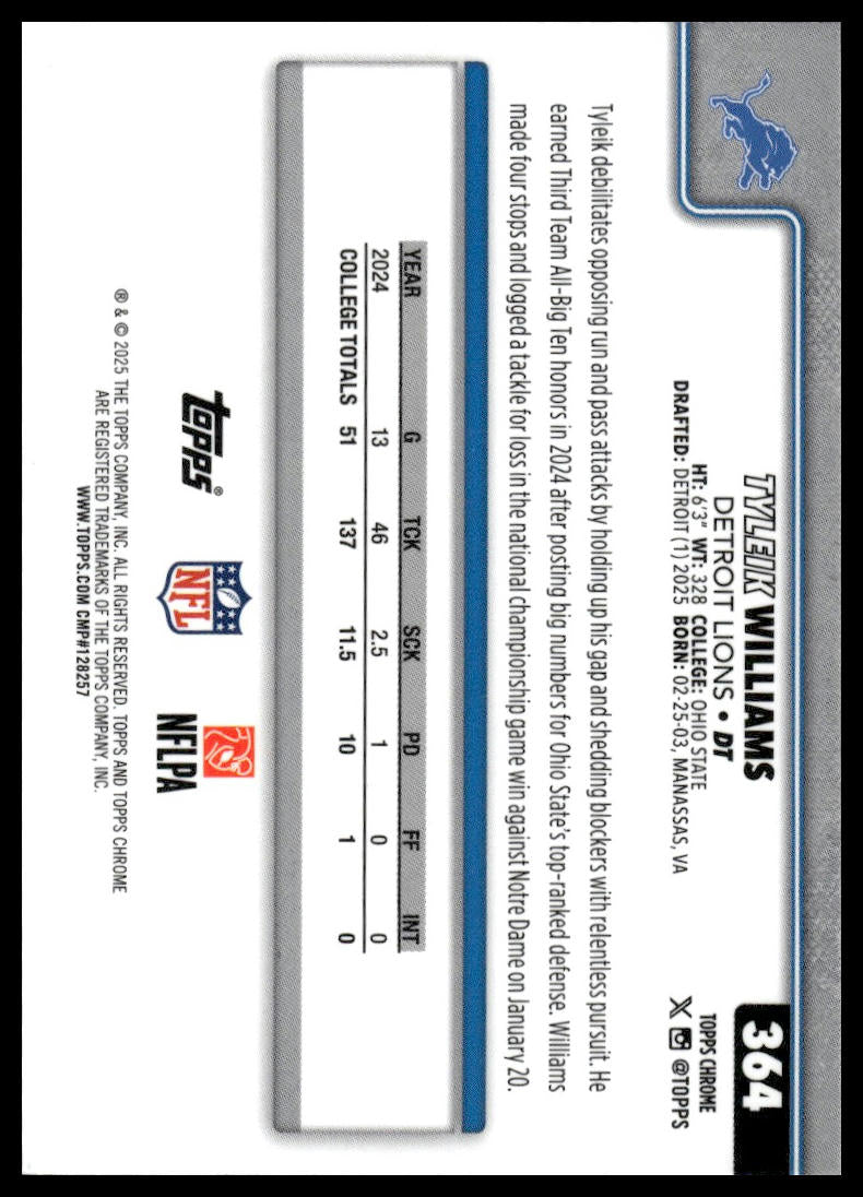 2025 Topps Chrome #364 Tyleik Williams