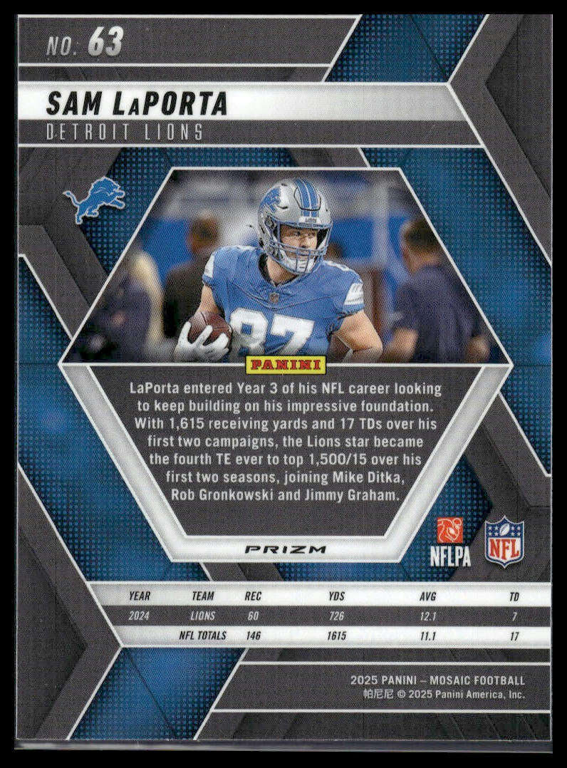 2025 Panini Mosaic #63 Sam LaPorta Mosaic Reactive Blue