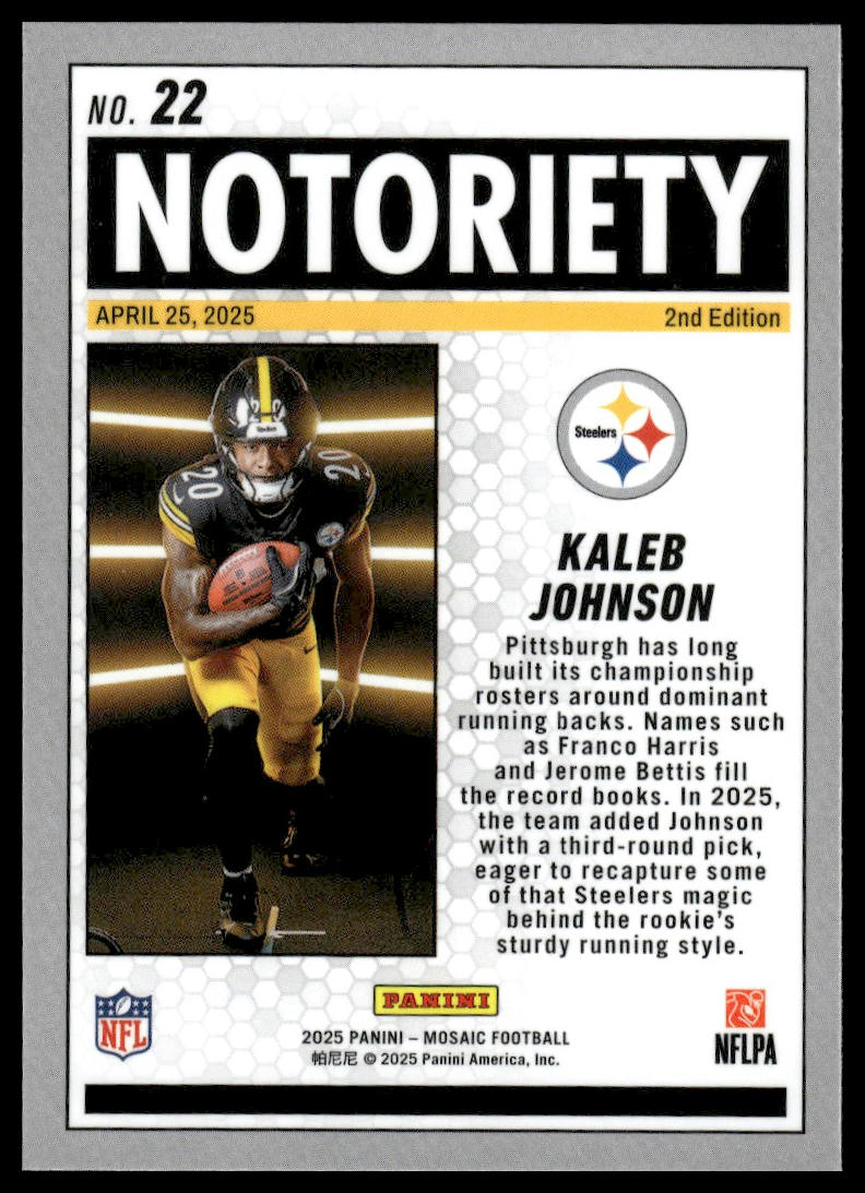 2025 Panini Mosaic #22 Kaleb Johnson Notoriety Mosaic