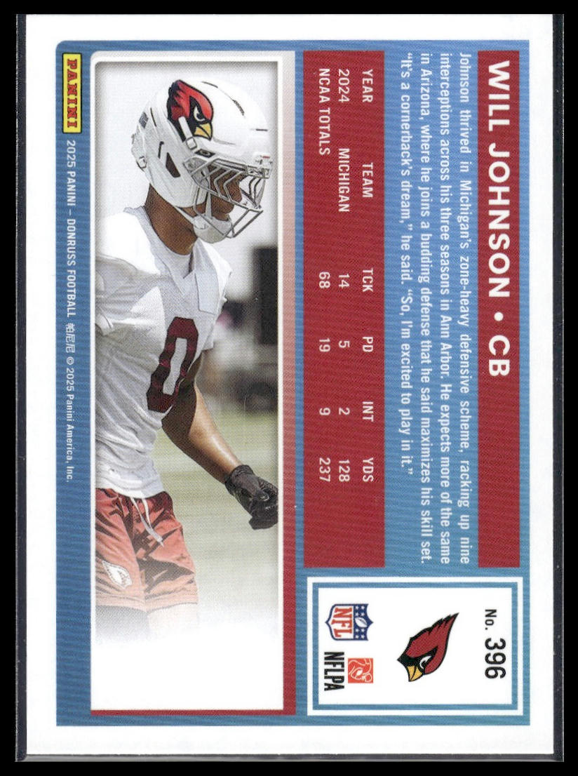 Will Johnson 2025 Donruss #396 Press Proofs Blue RC
