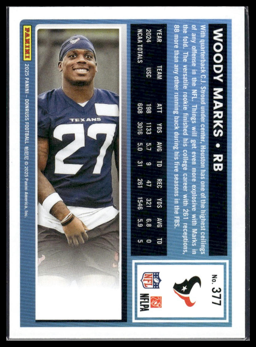 Woody Marks 2025 Donruss #377 Press Proofs Purple RC