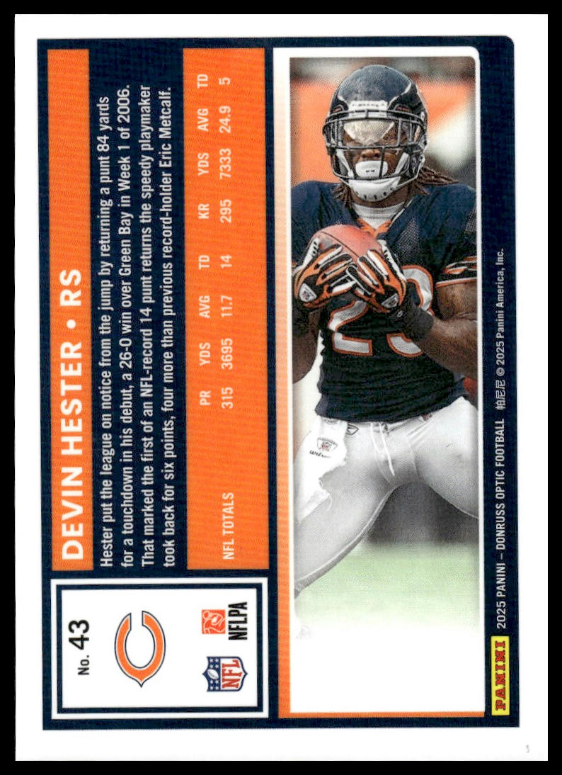 Devin Hester 2025 Donruss Optic #43 Neon Blue