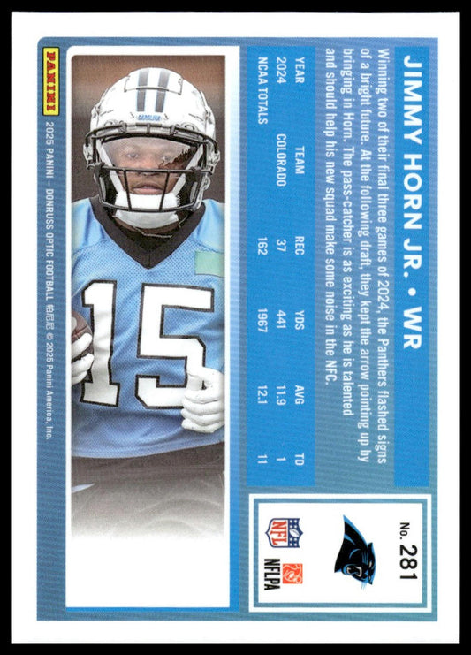 Jimmy Horn Jr. 2025 Donruss Optic #281 Purple Shock RC