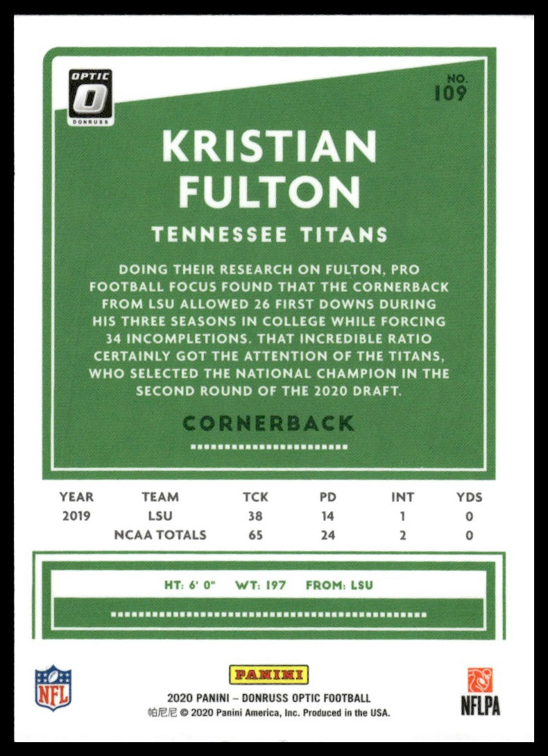 Kristian Fulton 2020 Donruss Optic #109 Pink RC