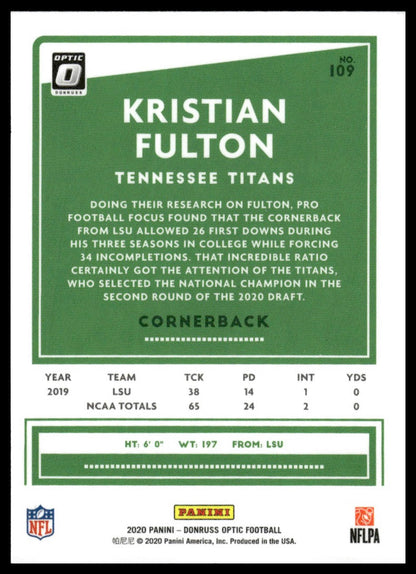 Kristian Fulton 2020 Donruss Optic #109 Pink RC