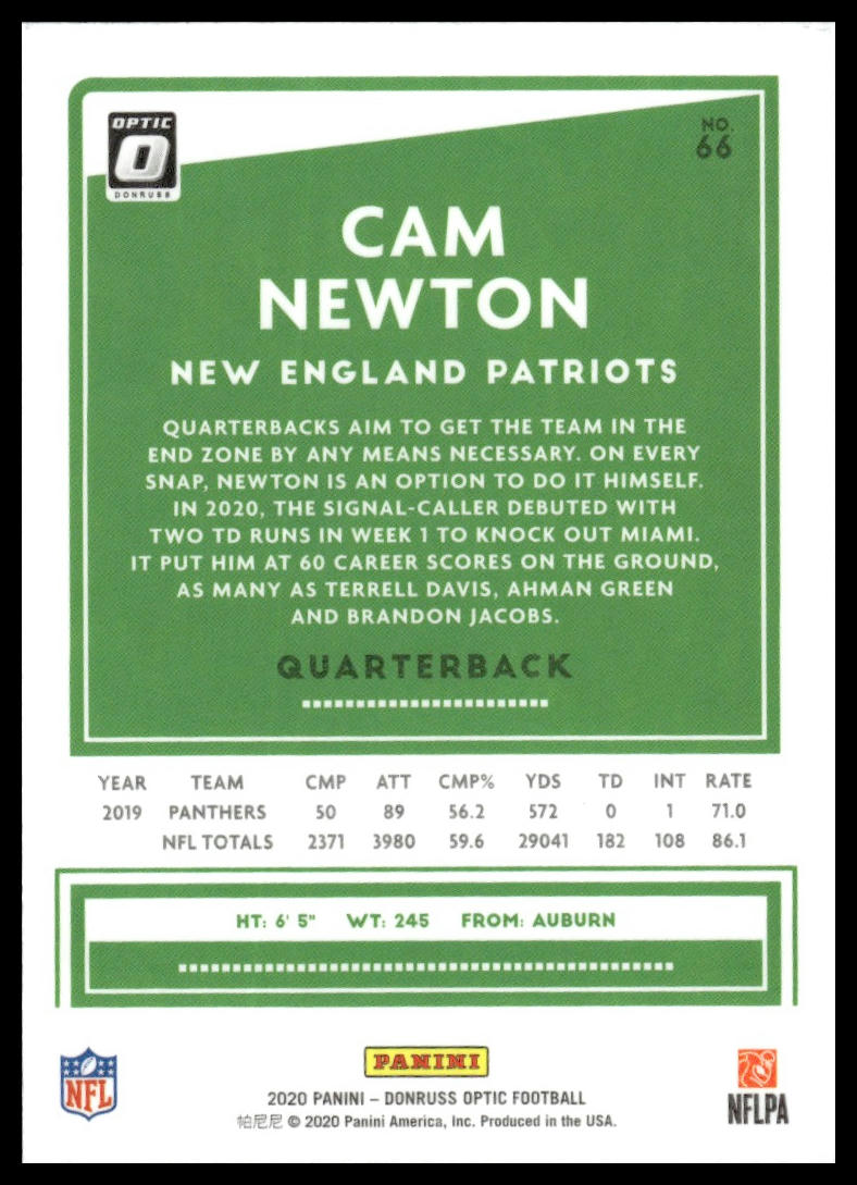 Cam Newton 2020 Donruss Optic #66 Aqua