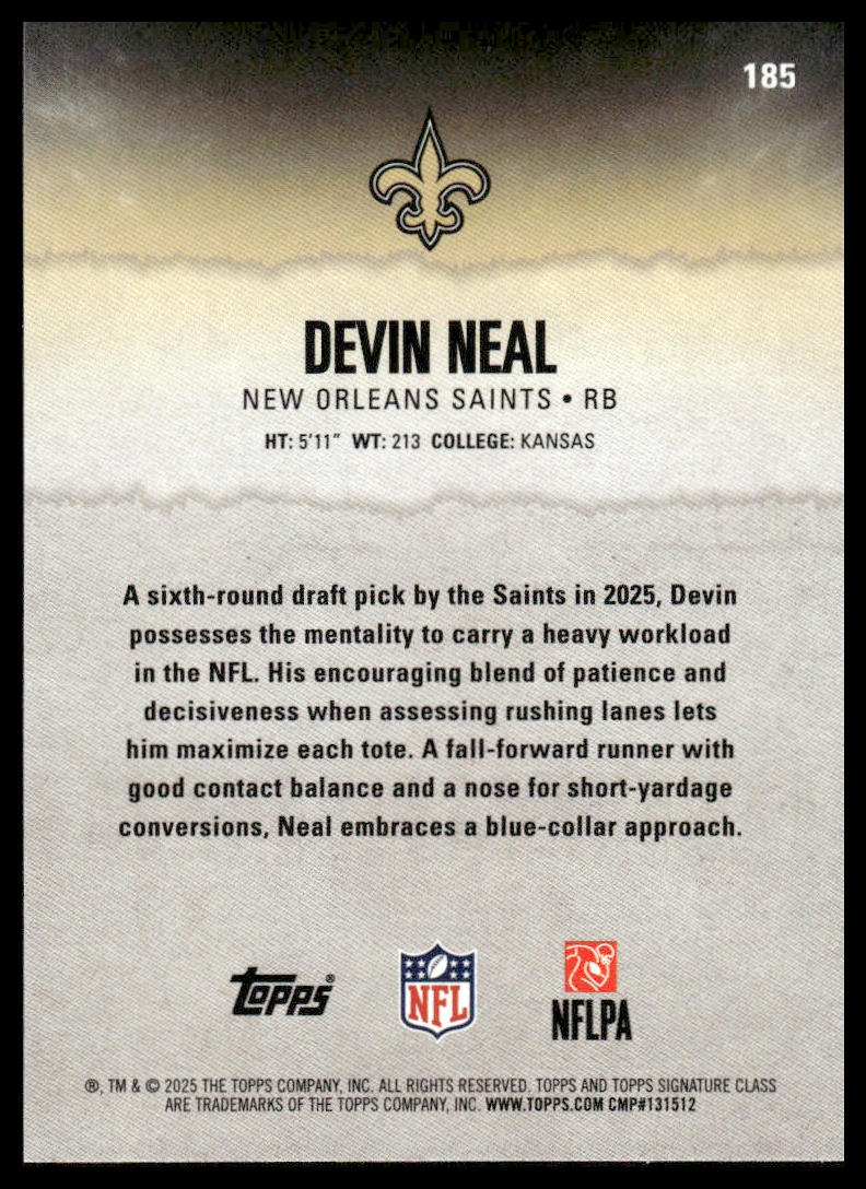 Devin Neal 2025 Topps Signature Class #185 Blue & Yellow RC