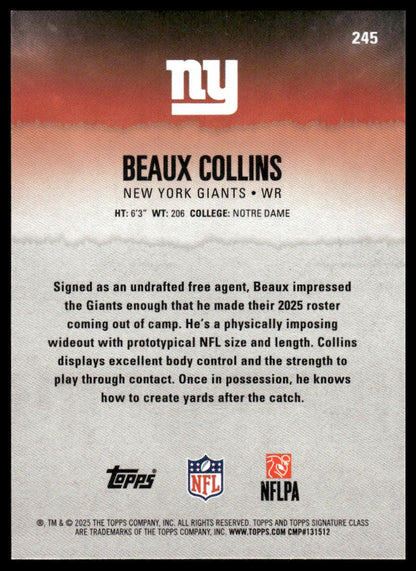 Beaux Collins 2025 Topps Signature Class #245 Blue & Yellow RC