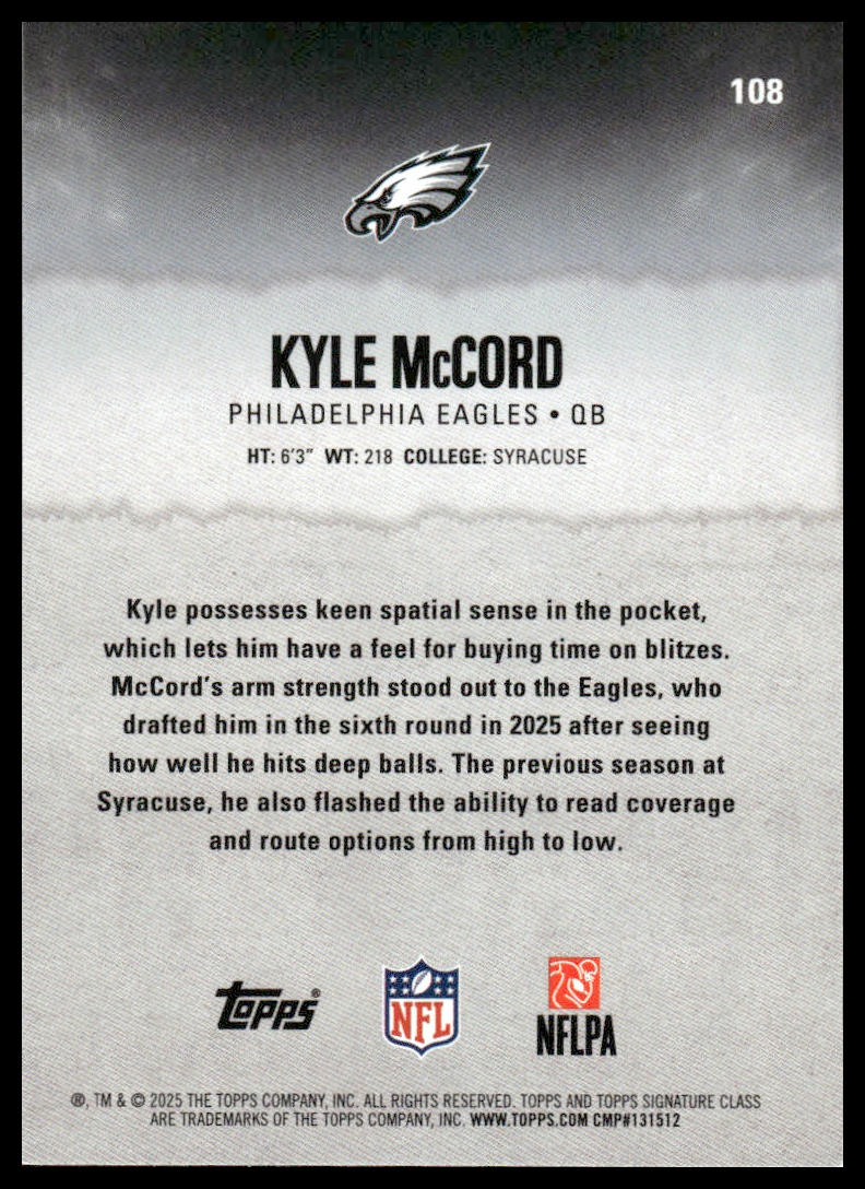 Kyle McCord 2025 Topps Signature Class #108 Blue & Yellow RC