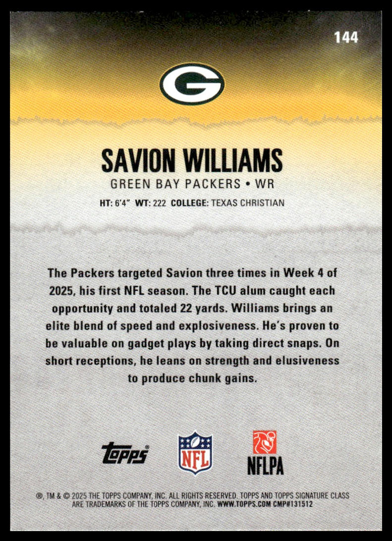 Savion Williams 2025 Topps Signature Class #144 Blue & Yellow RC