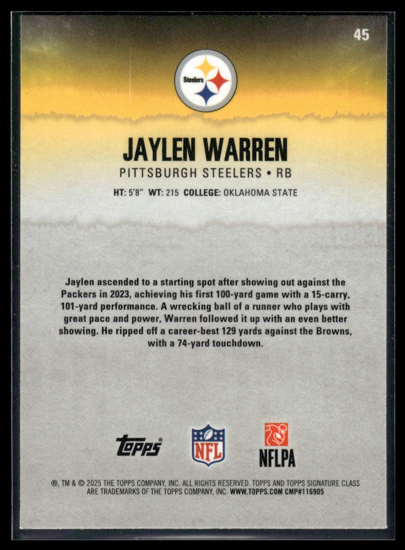 Jaylen Warren 2025 Topps Signature Class #45 Chrome