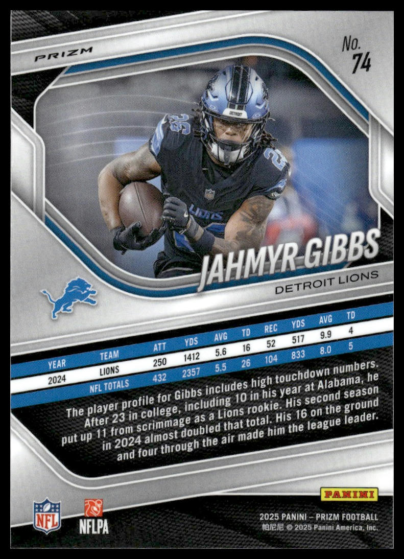 Jahmyr Gibbs 2025 Panini Prizm #74 Silver