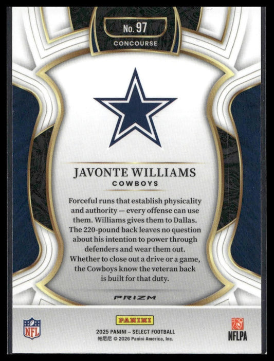 2025 Panini Select Football #97 Javonte Williams Copper Shock Prizm