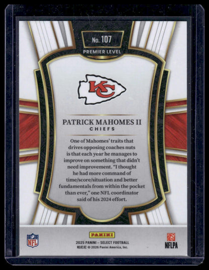 2025 Panini Select Football #107 Patrick Mahomes II Premier Level Silver Prizm