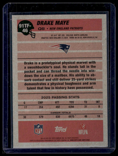2026 Topps Flagship Football #91TF-46 Drake Maye 1991 Topps Crackle Foil