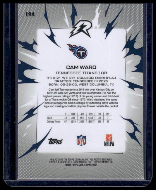2025 Topps Resurgence Football #194 Cam Ward Refractor (multi-color teal/red/blu