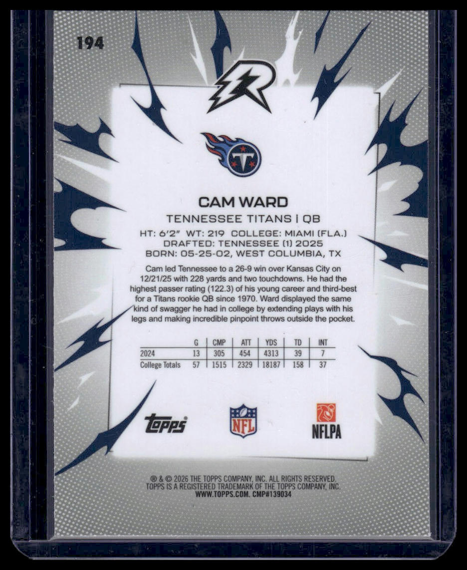 2025 Topps Resurgence Football #194 Cam Ward Refractor (multi-color teal/red/blu
