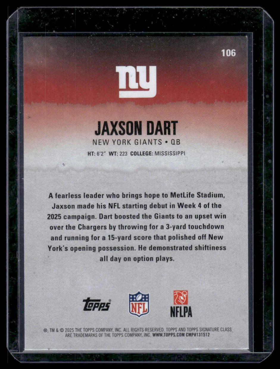 2025 Topps Signature Class Football #106 Jaxson Dart Round 1 Pick Color