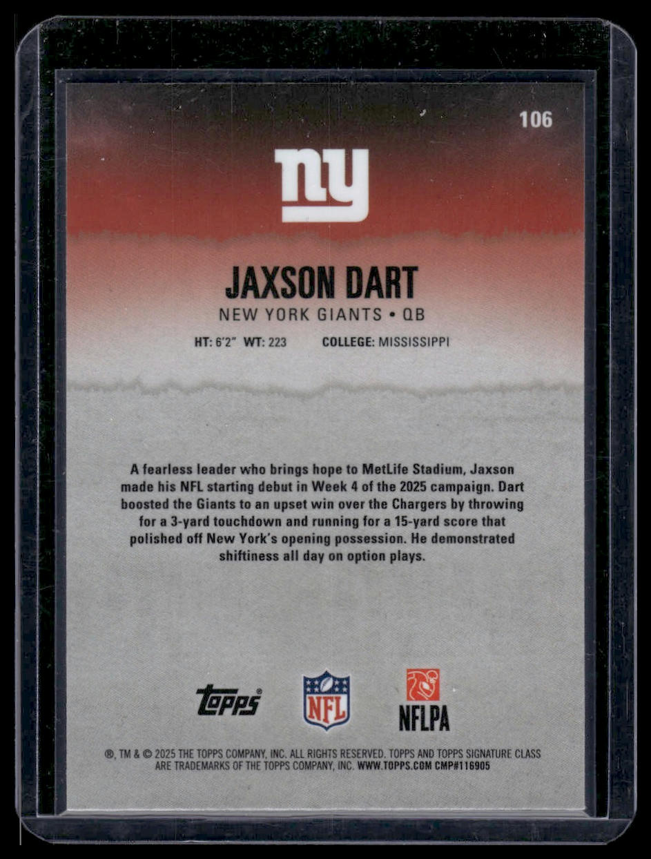 2025 Topps Signature Class Football #106 Jaxson Dart Round 1 Pick Black/Monochro