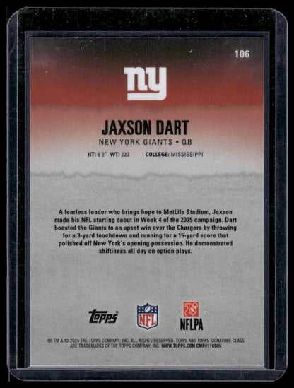 2025 Topps Signature Class Football #106 Jaxson Dart Round 1 Pick Black/Monochro