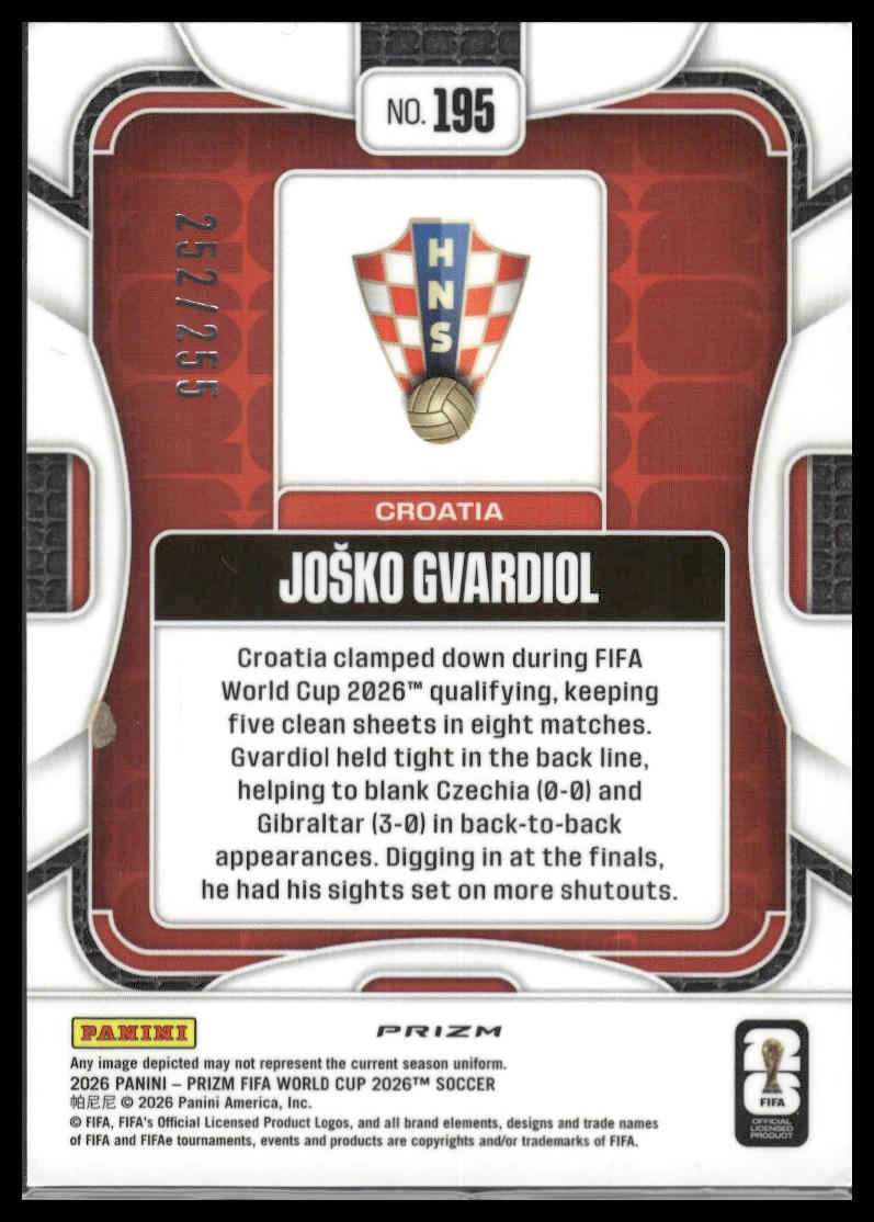 2026 Panini Prizm FIFA World Cup #195 Josko Gvardiol Teal Flash Prizm #/255