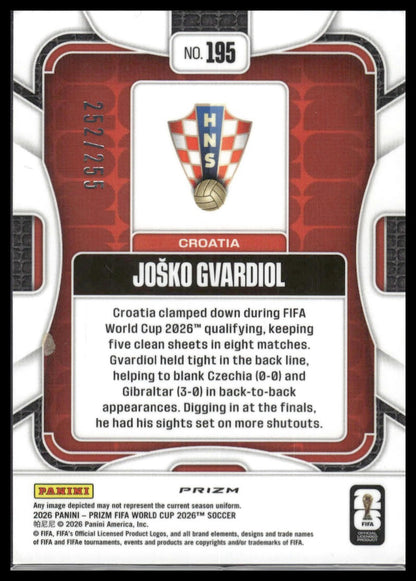 2026 Panini Prizm FIFA World Cup #195 Josko Gvardiol Teal Flash Prizm #/255