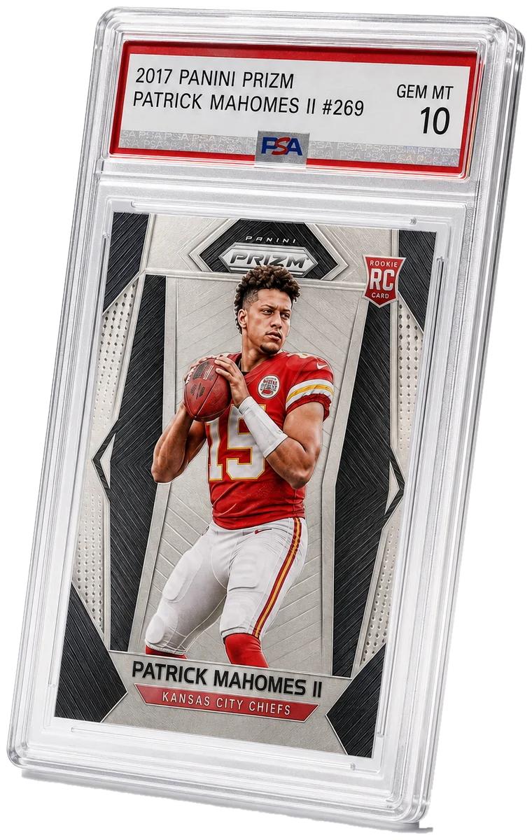 2017 Panini Prizm Patrick Mahomes in a PSA 10 slab (display render)