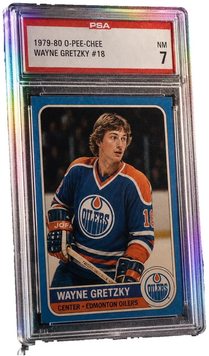 1979-80 O-Pee-Chee Wayne Gretzky in a PSA 7 slab (display render)